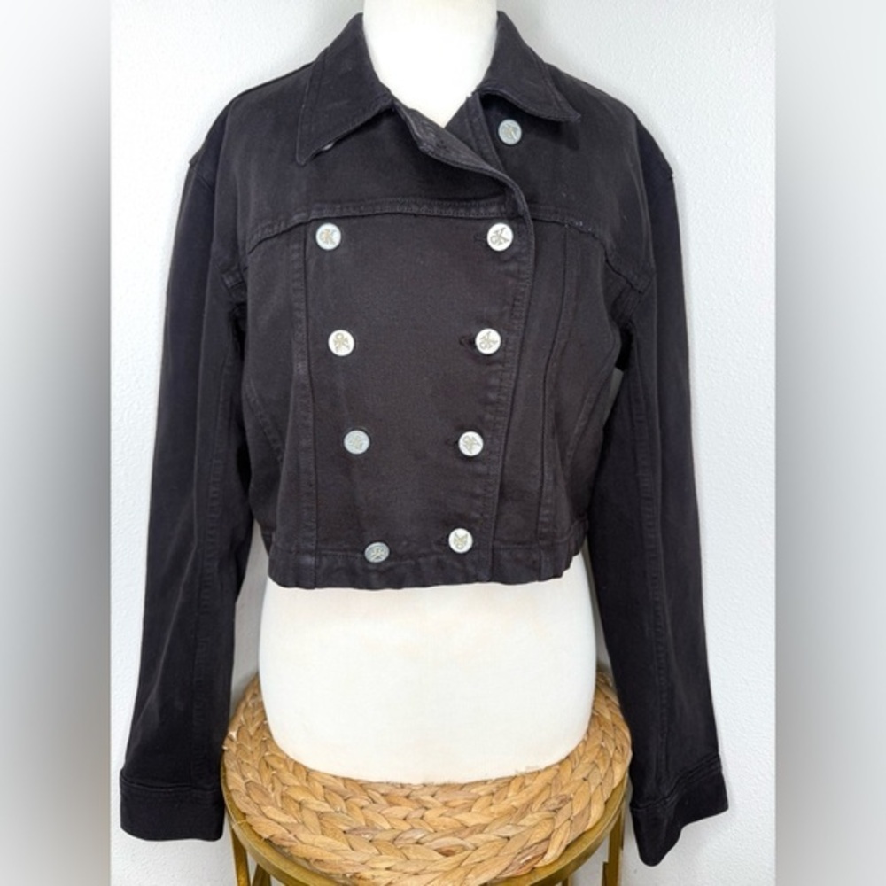 CK VTG Calvin Klein Jeans Denim Jacket Crop DBL Breasted Black 90s Made in USA